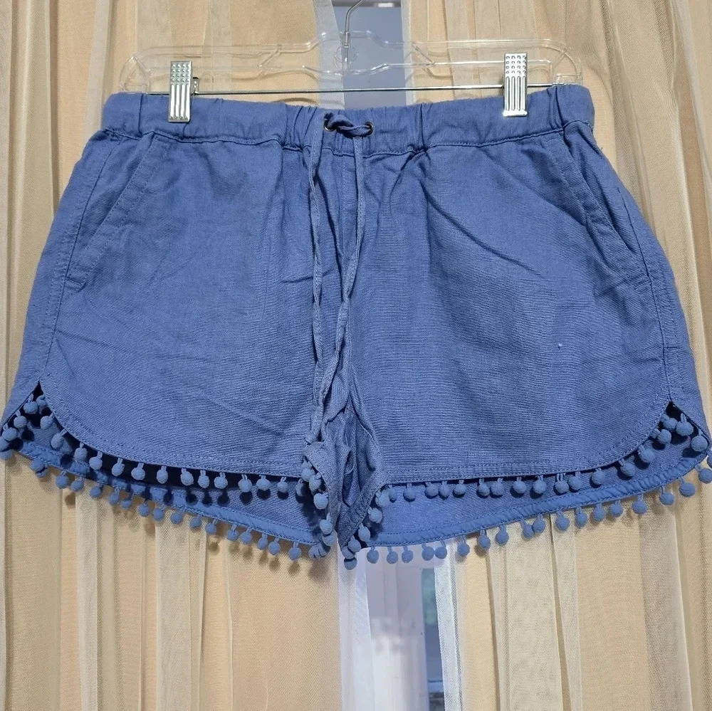J. by J. Crew Linen Pom Pom Hem Pull-On Shorts in Light Blue, Size XS, EUC!